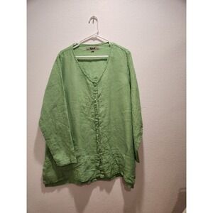 FLAX Linen Button Front Top Medium Made in Lithuania Green Textured Stripe